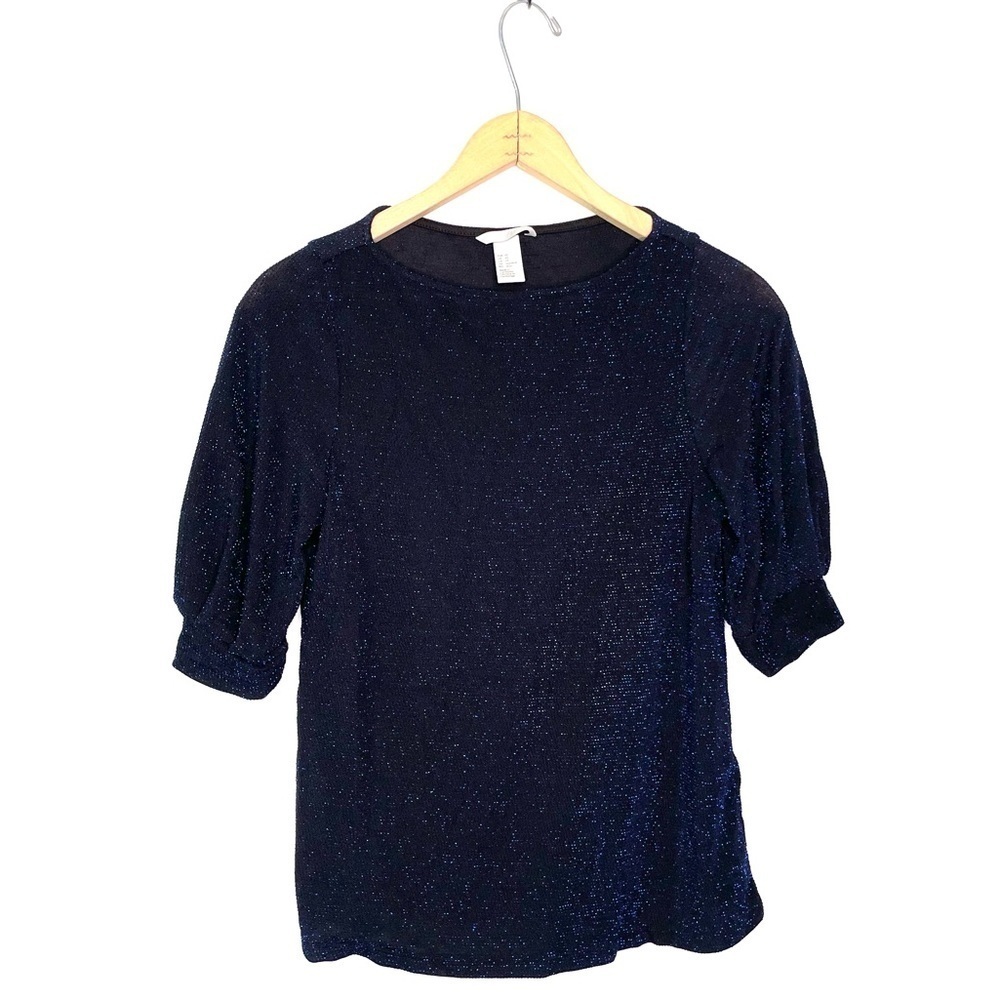 H&M | Blue Metallic Sparkly Short Puff Sleeve Top